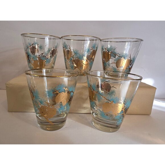 Libbey Other - Libbey Set Of 5 Vintage Gold Aqua Pine Cone Glasses MCM